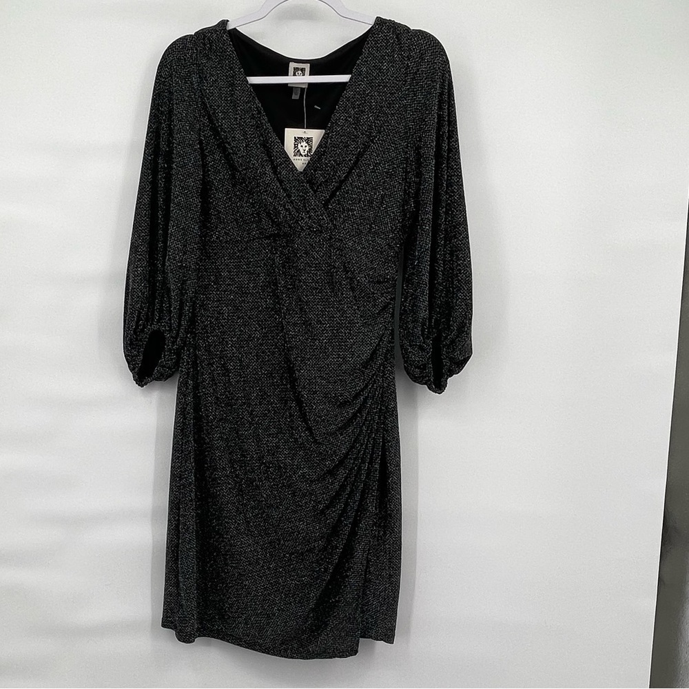 Anne Klein NWT black silver sparkly long sleeve faux wrap dress